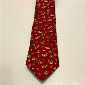 Salvatore Ferragamo red silk tie with floral, butterfly, and vintage themes.
